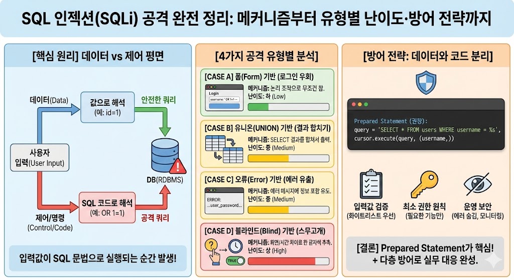 SQL 인젝션(SQLi) 공격 정리: 메커니즘부터 유형별 난이도·방어 전략까지