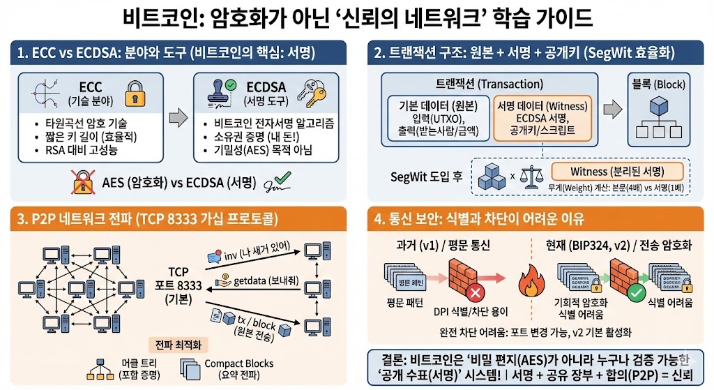 비트코인은 왜 AES로 “암호화”하지 않을까? — ECC·ECDSA부터 P2P 통신(8333)까지, ‘신뢰의 네트워크’ 한 번에 끝내기